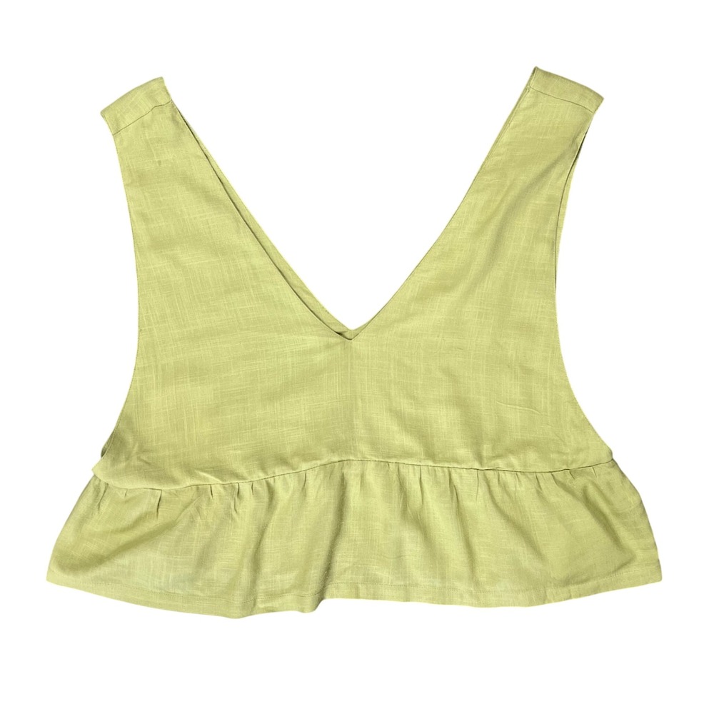 RVCA Womens Lime Green V-Neck Ruffle Peplum‎ Sleeveless Crop Top XS Rayon Slub
